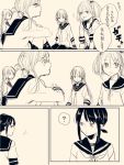  5girls ? bangs blunt_bangs comic deco elbow_gloves folded_ponytail fubuki_(kantai_collection) gloves hair_ribbon highres inazuma_(kantai_collection) kantai_collection long_hair monochrome multiple_girls murakumo_(kantai_collection) neckerchief ponytail ribbon sailor_collar samidare_(kantai_collection) sazanami_(kantai_collection) school_uniform serafuku sitting translation_request twintails 