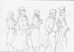  1girl 4boys bag beard belt cigar coat dr._bosworth dr._faber facial_hair father_steinhoff flashlight fritz_(missing_stars) glasses gloves handbag hands_in_pockets hat imperial_standard missing_stars ms._wieck multiple_boys pants police police_badge police_hat police_uniform scarf sketch trench_coat undone_belt uniform 