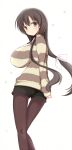  1girl arms_behind_back blush breasts brown_eyes brown_hair hair_ribbon highres huge_breasts itamochi iwato_kasumi long_hair looking_at_viewer looking_back pantyhose ribbon saki short_shorts shorts smile solo standing striped sweater thigh_gap twintails white_background 