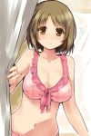  1girl bare_shoulders bikini blush breasts brown_eyes brown_hair cleavage curtain_grab curtains fingernails flower flying_sweatdrops hair_flower hair_ornament highres idolmaster idolmaster_cinderella_girls large_breasts long_fingernails mimura_kanako navel paopao pink_bikini plaid plaid_bikini smile solo swimsuit 