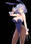  1girl :&gt; animal_ears black_background blue_eyes braid breasts bunnysuit detached_collar izayoi_sakuya knife pantyhose rabbit_ears silver_hair solo touhou twin_braids yonggi 