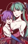 2girls bare_shoulders breast_press breasts bridal_gauntlets cleavage demon_girl fang green_eyes green_hair head_wings highres lilith_aensland long_hair looking_at_viewer lyn_(shunao) morrigan_aensland multiple_girls open_mouth purple_hair red_background red_eyes short_hair succubus vampire_(game) wings 