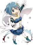 1girl :d armband belt blue_eyes blue_hair bubble dutch_angle foreshortening from_above gloves hair_ornament hairclip magical_girl mahou_shoujo_madoka_magica mahou_shoujo_madoka_magica_movie miki_sayaka open_mouth outstretched_arms shiokobu_tamago simple_background smile solo soul_gem thigh-highs water white_background 