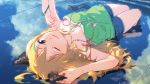  1girl ahoge animal_ears blonde_hair cat_ears cat_tail green_eyes highres hoshii_miki idolmaster jewelry kemonomimi_mode long_hair looking_at_viewer lying necklace on_back one_eye_closed shorts smile solo tail thighs vc3000mg wink 