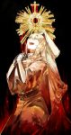  1girl armor black_background blonde_hair braid cape closed_eyes cross gold hands_together highres hood long_hair open_mouth pixiv_fantasia pixiv_fantasia_fallen_kings solo wide_sleeves 