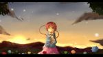  1girl blouse blue_rose blush clouds fireflies flower hairband hand_on_own_chest heart highres komeiji_satori letterboxed long_sleeves looking_at_viewer mountain orange_rose outdoors red_eyes red_rose redhead rose short_hair skirt sky smile solo star_(sky) starry_sky sunset third_eye touhou yunomiya 