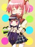  2girls :&gt; :d akemi_homura akuma_homura argyle argyle_legwear ayukazu bare_shoulders black_gloves black_hair blush bow carrying chibi choker closed_eyes dress elbow_gloves feathered_wings gloves hair_bow hair_ribbon highres hug hug_from_behind kaname_madoka long_hair mahou_shoujo_madoka_magica mahou_shoujo_madoka_magica_movie multiple_girls open_mouth pink_hair pleated_skirt polka_dot polka_dot_background ribbon school_uniform short_hair short_twintails skirt smile spoilers thigh-highs twintails violet_eyes white_legwear wings yuri zettai_ryouiki 