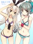  2girls :d anchor_hair_ornament arm_up artist_name bikini blonde_hair bow brown_eyes gradient gradient_background grey_hair hair_bow hair_ribbon hairband hand_on_own_chest kantai_collection long_hair looking_at_viewer multiple_girls navel open_mouth orda payot ponytail ribbon shimakaze_(kantai_collection) simple_background smile striped striped_bikini striped_swimsuit swimsuit wristband yuubari_(kantai_collection) 