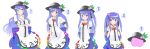  1girl age_comparison arms_behind_back bag blue_hair blush breast_hold breasts c: child cleavage crossed_arms food fruit furiido_(fried37) hair_bobbles hair_ornament highres hinanawi_tenshi long_hair looking_at_viewer peach puffy_short_sleeves puffy_sleeves red_eyes ribbon school_bag short_sleeves smile teenage touhou twintails white_blouse younger 