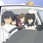  1boy 3girls ^_^ admiral_(kantai_collection) akatsuki_(kantai_collection) bangs black_hair blonde_hair blue_eyes blunt_bangs car closed_eyes driving fairy_(kantai_collection) fang grey_eyes hat hat_removed hatsuyuki_(kantai_collection) headwear_removed kantai_collection long_hair magatama miicha motor_vehicle multiple_girls no_hat ryuujou_(kantai_collection) school_uniform serafuku smile twintails vehicle 