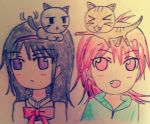  &gt;_&lt; :d akemi_homura ballpoint_pen_(medium) black_hair bow casual cat colored_pencil_(medium) hairband long_hair looking_at_another looking_at_viewer mahou_shoujo_madoka_magica on_head open_mouth ponytail red_eyes redhead sakura_kyouko school_uniform smile traditional_media triangle_mouth violet_eyes xd 