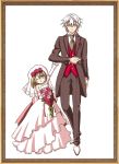  1boy 1girl age_difference anzamnia blue_eyes bouquet bridal_veil bride brown_hair child dress elbow_gloves flower formal frame gloves groom height_difference jewelry necklace official_art one_eye_closed ore_ga_akuma_de_aitsu_ga_yome_de pointy_ears red_eyes shimotsuki_uika short_hair suit tuxedo veil wedding_dress white_gloves white_hair wink 