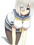 1girl all_fours between_breasts blue_eyes breasts brown_legwear hair_ornament hair_over_one_eye hairclip hamakaze_(kantai_collection) impossible_clothes impossible_shirt kantai_collection large_breasts mori_burin pantyhose pleated_skirt school_uniform serafuku silver_hair simple_background skirt solo white_background 