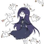  &gt;:3 1girl :3 akemi_homura black_hair dress funeral_dress hairband kyubey long_hair looking_at_another lowres mahou_shoujo_madoka_magica mahou_shoujo_madoka_magica_movie simple_background spoilers translation_request white_background 