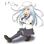  1girl black_legwear blue_eyes cossack_dance crossed_arms hammer_and_sickle hat hibiki_(kantai_collection) kantai_collection loafers long_hair miicha musical_note open_mouth shoes silver_hair solo star thigh-highs verniy_(kantai_collection) 