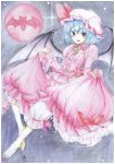  1girl :d absurdres barefoot bat_signal bat_wings bloomers blue_hair colored_pencil_(medium) dress dress_lift fang frilled_dress frills full_moon hat hat_ribbon highres mob_cap moon open_mouth red_eyes red_moon remilia_scarlet ribbon short_hair smile touhou traditional_media underwear wings 