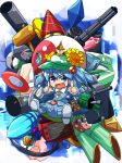  1girl amakoke anchor backpack bag bamboo bishamonten&#039;s_pagoda blue_eyes blue_hair book boots cannonballs drill flower hair_bobbles hair_ornament hat highres kawashiro_nitori key mallet open_mouth orb refrigerator shield short_hair solo sunflower television twintails voodoo_doll washing_machine water_gun yin_yang 