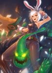  1girl animal_ears belt breasts broken bunnysuit cleavage folded_ponytail highres kerasu league_of_legends open_mouth pantyhose rabbit_ears riven_(league_of_legends) sharp_teeth short_hair silver_hair single_glove slime smile sword tail weapon white_hair wrist_cuffs yellow_eyes zac 