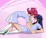  2girls aida_mana blue_eyes blue_hair blush dokidoki!_precure girl_on_top hishikawa_rikka long_hair multiple_girls precure red_eyes redhead school_uniform sento_(artist) short_hair short_sleeves socks yuri 