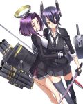  2girls black_gloves black_legwear breasts dutch_angle eyepatch fame_peera gloves headgear holding hug kantai_collection machinery mechanical_halo multiple_girls necktie polearm purple_hair red_eyes school_uniform short_hair simple_background smile spear sword tagme tatsuta_(kantai_collection) tenryuu_(kantai_collection) thigh-highs turret weapon white_background yellow_eyes zettai_ryouiki 