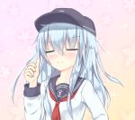  1girl blush bust closed_eyes hat hibiki_(kantai_collection) kantai_collection long_hair neckerchief school_uniform serafuku shuu_hibame silver_hair smirk solo sparkle 