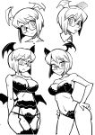  1girl bespectacled bra breasts cleavage garter_belt garter_straps glasses head_wings highres koakuma large_breasts looking_at_viewer maru_rx monochrome navel panties short_hair smile solo thigh-highs touhou underwear underwear_only 