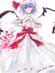  1girl arms_at_sides asymmetrical_wings capelet curiosities_of_lotus_asia energy expressionless hat lavender_hair long_dress long_sleeves looking_at_viewer red_eyes remilia_scarlet rough short_hair solo standing tian_(my_dear) touhou wings 