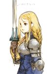  1girl agrias_oaks armor black_eyes blonde_hair braid branch_(blackrabbits) final_fantasy final_fantasy_tactics gloves knight long_hair single_braid sketch solo sword weapon 