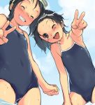  2girls ;p black_eyes black_hair blush closed_eyes competition_school_swimsuit covered_navel from_below goggles goggles_on_head grin kikurage_(crayon_arts) leaning_forward multiple_girls one-piece_swimsuit one_eye_closed short_hair smile swimsuit tongue tongue_out v wading 