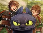  belt brown_hair dragon dual_persona green_eyes hiccup_horrendous_haddock_iii how_to_train_your_dragon k@de short_hair toothless 