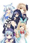  5girls ;d alternate_costume animal_ears animal_hood aqua_hair black_gloves blonde_hair bow breasts brown_hair choker effole_(fairy_fencer_f) eyepatch fairy_fencer_f gloves hair_ornament hairband hood kaguyuu karin_(fairy_fencer_f) lolita_hairband long_hair mariano_(fairy_fencer_f) multiple_girls navel one_eye_closed open_mouth parted_lips pleated_skirt purple_hair rolo_(fairy_fencer_f) silver_hair simple_background skirt smile striped striped_legwear tiara_(fairy_fencer_f) white_background wrist_cuffs 