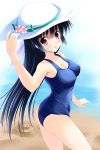  1girl amamiya_yuuko beach black_hair ef hat highres long_hair red_eyes school_swimsuit sun_hat swimsuit yagami-all_hail_nanao 