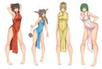  4girls alternate_costume armpits arms_behind_head bare_arms barefoot bent_over black_hair blonde_hair blue_dress bow breasts brown_eyes brown_hair china_dress chinese_clothes cleavage cookin dress gourd green_hair hair_bow hair_ornament hair_tubes hakurei_reimu highres horns ibuki_suika kazami_yuuka large_breasts looking_at_viewer multicolored_hair multiple_girls no_bra no_panties open_mouth pigeon-toed red_dress red_eyes side_slit simple_background sleeveless sleeveless_dress smile streaked_hair toramaru_shou touhou two-tone_hair white_background white_dress yellow_dress yellow_eyes 