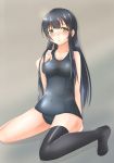  1girl agano_(kantai_collection) black_hair doyachii green_eyes highres kantai_collection long_hair school_swimsuit single_thighhigh sitting swimsuit thigh-highs wariza 