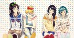  4girls aino_minako alternate_hairstyle arm_garter asymmetrical_hair bishoujo_senshi_sailor_moon black_hair blonde_hair blue_hair blurry bow braid brown_hair character_name contemporary floral_print friends hair_bow hairband hana_(asml30) highres hino_rei kino_makoto long_hair mizuno_ami multiple_girls one_eye_closed polka_dot polka_dot_background short_hair side_glance side_ponytail single_braid sitting skirt smirk watch wink 