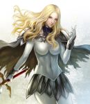  1girl armor blonde_hair blue_eyes breasts cape claymore claymore_(sword) highres long_hair pengnangehao solo sword teresa torn_clothes weapon 