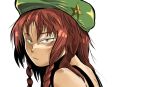  1girl beret blue_eyes crop_top eyes green_hat hat hong_meiling long_hair looking_at_viewer looking_over_shoulder munakata_(sekimizu_kazuki) redhead serious solo solo_focus touhou 