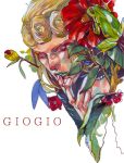  1boy blonde_hair blue_lipstick flower frog giorno_giovanna hibiscus jojo_no_kimyou_na_bouken lipstick makeup sh291 solo yellow_eyes 