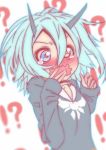  !? 1girl blue_clothes blue_eyes blue_hair blush hair_between_eyes hand_to_own_mouth heterochromia hikomaro610 horns io_(pso2) long_sleeves open_mouth phantasy_star phantasy_star_online_2 red_eyes short_hair solo solo_focus surprised teardrop wavy_mouth yellow_eyes 