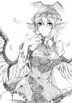  1girl absurdres animal_ears breasts dress feathers finger_to_mouth fingernails fumotewi hat highres large_breasts long_fingernails long_sleeves looking_at_viewer mystia_lorelei short_hair simple_background solo thigh-highs touhou traditional_media white_background wings 
