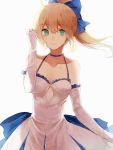  1girl aa386993338 bare_shoulders blonde_hair bow breasts cleavage dress elbow_gloves fate/stay_night fate/unlimited_codes fate_(series) gloves green_eyes hair_bow long_hair ponytail saber saber_lily smile solo 