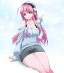  1girl bare_shoulders breasts cleavage emappo headphones large_breasts long_hair looking_at_viewer nitroplus pink_hair red_eyes smile solo super_sonico 