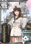  1girl america blue_eyes brown_hair card_(medium) garter_straps jeanex kantai_collection long_sleeves looking_at_viewer military_cap naval_uniform neckerchief original solo thigh-highs translation_request us_navy uss_louisiana 