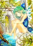  1girl aqua_eyes aqua_hair arch bare_legs barefoot blue_sky bow cirno color_ink_(medium) dress grass hair_bow head_tilt keiko_(mitakarawa) leaf leg_hug looking_at_viewer mountain paint_(medium) ruins sitting_on_rock sky smile soaking_feet solo touhou traditional_media tree vines water wings 