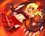  1girl bare_shoulders blonde_hair bra breasts brown_bra brown_eyes brown_legwear cleavage collarbone elbow_gloves energy_ball fang flandre_scarlet gloves hair_ribbon looking_at_viewer midriff misoshiru_(meridianchild312) navel open_mouth red_eyes ribbon side_ponytail side_slit skirt smile solo thigh-highs touhou underwear wings 