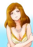  1girl bakusai blue_background blush breasts brown_eyes brown_hair character_request cleavage copyright_request dress eyelashes gradient gradient_background jewelry large_breasts long_hair looking_at_viewer necklace solo white_background 