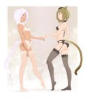  2girls animal_ears ass black_bra black_legwear black_panties bra brown_hair cat_ears cat_tail dark_skin final_fantasy final_fantasy_xiv garter_belt garter_straps highres kansou_hada lace lace-trimmed_thighhighs lavender_hair miqo&#039;te multiple_girls navel panties short_hair small_breasts smile tail thigh-highs underwear underwear_only white_bra white_legwear white_panties 