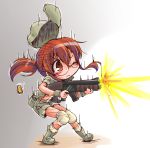  1girl aiming brown_eyes brown_hair finger_on_trigger fio_germi glasses gradient gradient_background gun hat hat_removed headwear_removed knee_pads metal_slug navel one_eye_closed ponytail rifle shinapuu shoot shorts simple_background solo sunken_cheeks sweat tagme weapon wrist_cuffs 