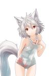  1girl animal_ears breasts brown_eyes inubashiri_momiji jewelry leaf light_smile looking_at_viewer maple_leaf necklace pendant raybar silver_hair simple_background smile solo strap_pull tail touhou white_background white_swimsuit wolf_ears wolf_tail 