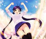  1girl arms_up black_hair blush brown_eyes eventh7 from_below highres long_hair open_mouth original panties pantyshot pantyshot_(standing) pink_panties school_uniform skirt smile solo standing thigh-highs twintails underwear upskirt very_long_hair 